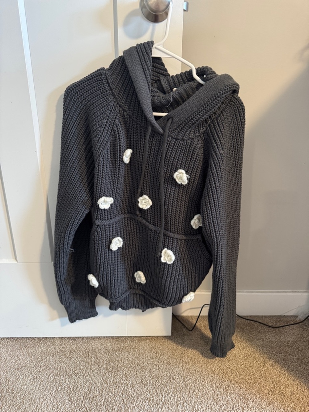 POL Charcoal Knit Hoodie with White Flower Appliqués